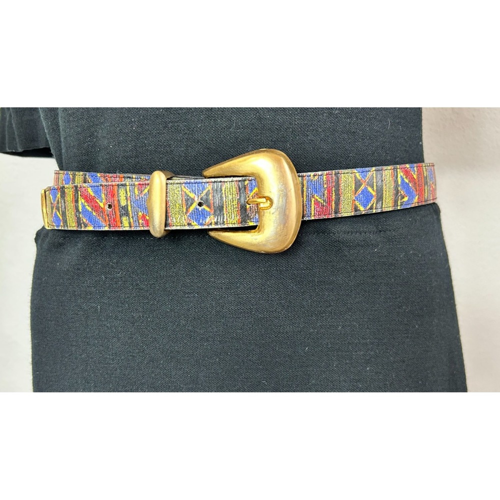 90s Limited Leather Western Patchwork Belt Size Large Brushed Gold Buckle USA